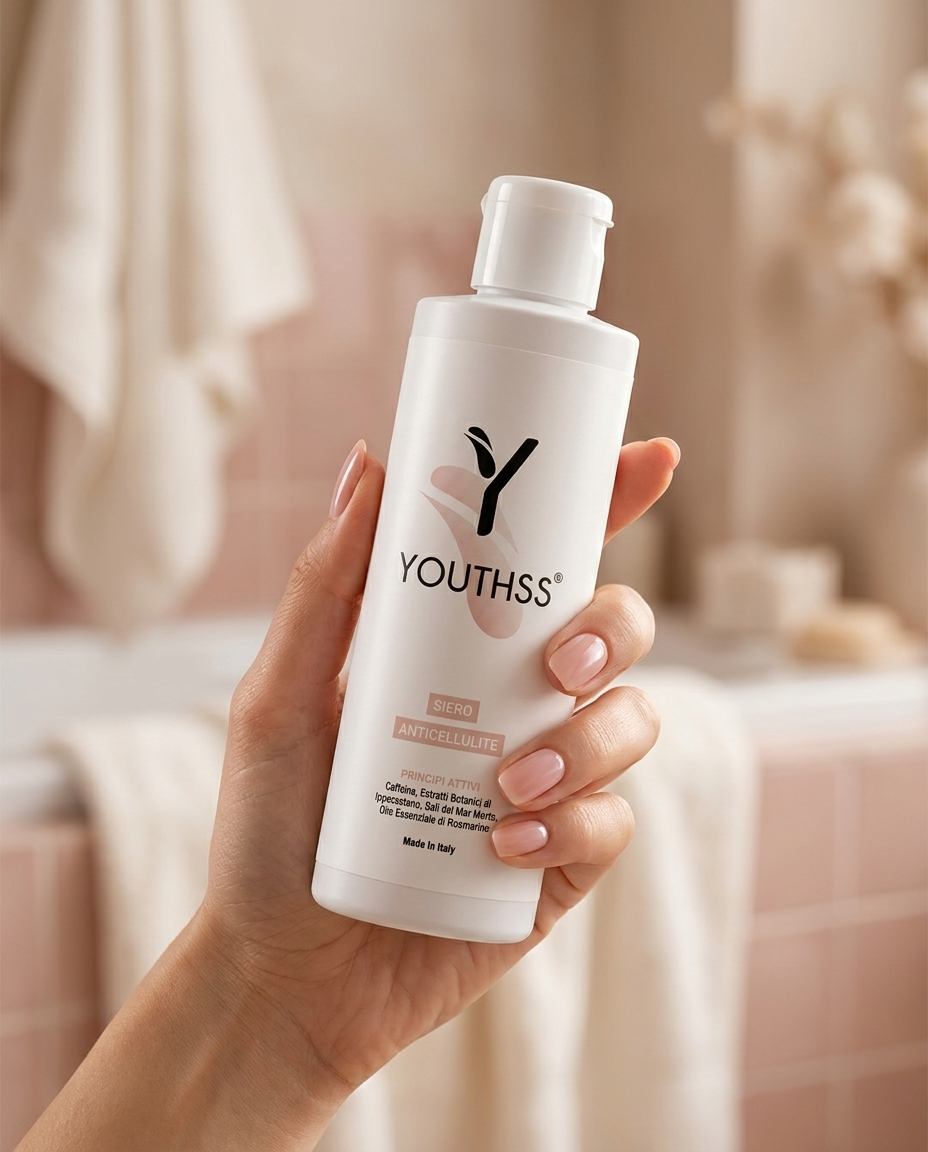 Siero Anticellulite Youthss — mano tiene flacone in ambiente spa rosa | Cosmetica drenante Made in Italy