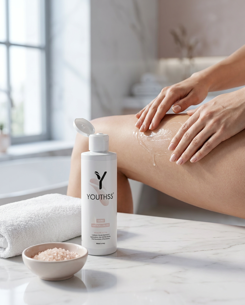 Siero Anticellulite Youthss — donna applica siero drenante sulla coscia | Trattamento anticellulite Made in Italy