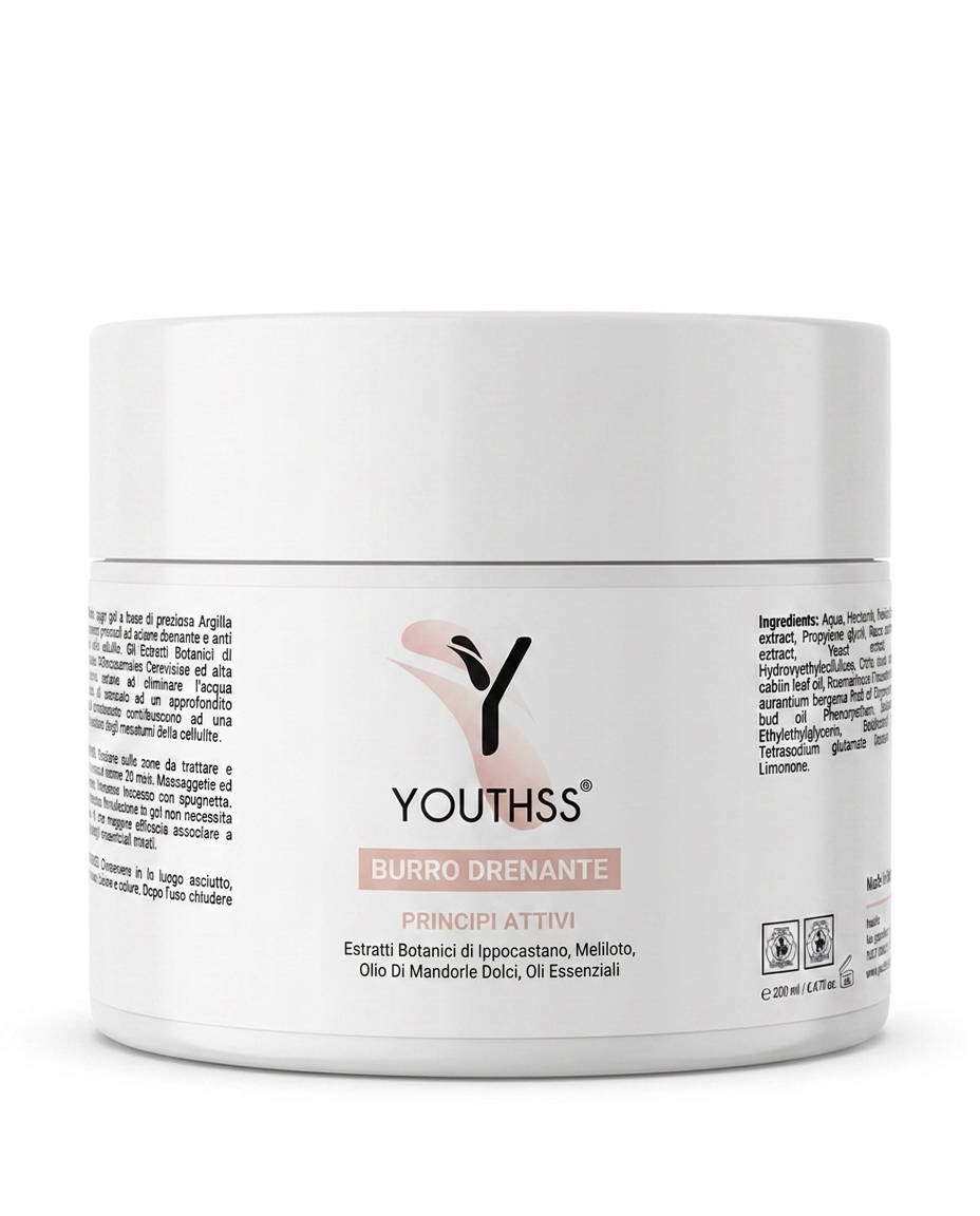 Burro Drenante Youthss 200ml — barattolo bianco con label rosa | Cosmetica biotecnologica anticellulite Made in Italy