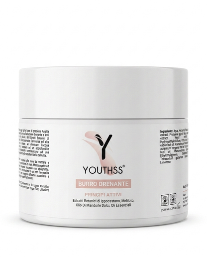 Burro Drenante Youthss 200ml — barattolo bianco con label rosa | Cosmetica biotecnologica anticellulite Made in Italy