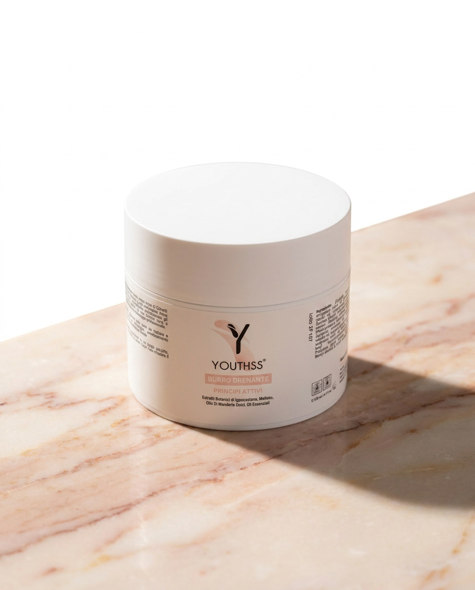 Burro Drenante Youthss su marmo rosa — cosmetica professionale anticellulite | Made in Italy premium
