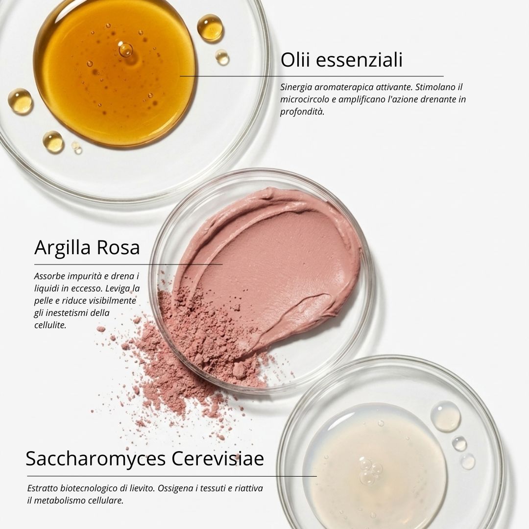 Gel Fango Anticellulite Youthss — ingredienti attivi: Argilla Rosa, Oli Essenziali, Saccharomyces Cerevisiae | Formula biotecnologica Made in Italy