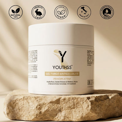 Gel Fango Anticellulite Youthss su piedistallo di pietra — 100% Natural, Cruelty Free, Vegan, Made in Italy | Cosmetica biotecnologica anticellulite