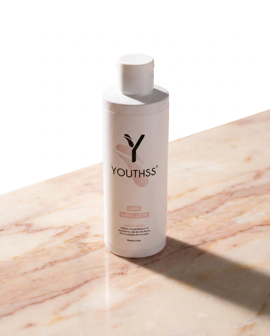 Siero Anticellulite Youthss su marmo rosa — cosmetica professionale anticellulite | Made in Italy premium